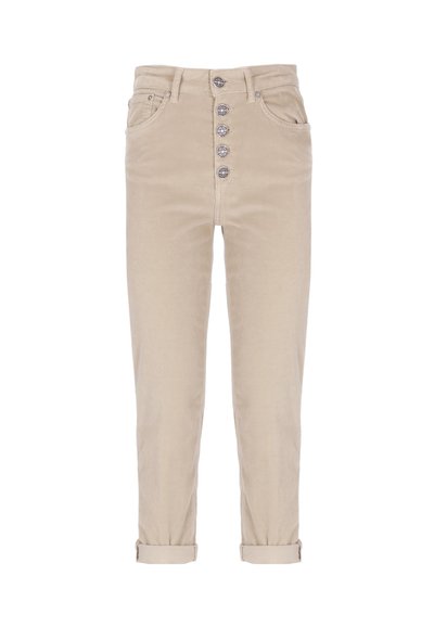 Pantaloni in corduroy beige con cinque botttoni decorativi in metallo, tasche frontali, passanti per cintura e orli arrotolati.