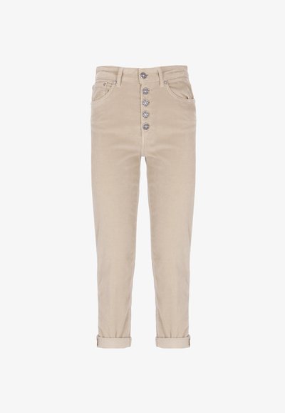Pantaloni in corduroy beige con cinque botttoni decorativi in metallo, tasche frontali, passanti per cintura e orli arrotolati.
