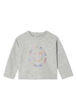 Grauer Langarm-Pullover mit einem runden Smiley-Gesicht-Graphic und Text in Blau, Orange und Gelb. Weiches, aus Baumwolle gefertigtes Material mit lockerer Passform.