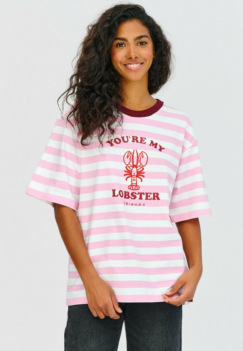 Růžové a bílé pruhované tričko s krátkým rukávem, kulatým vínovým výstřihem, s grafikou homáření a textem "TY JSIS MŮJ HOMÁR".
