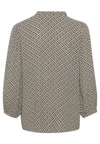 Mønstret bluse med et geometrisk sort-hvidt design, med en samlet halsudskæring og brede, trekvartlange ærmer. Blød stofstruktur.