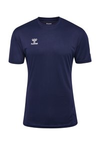 T-shirt de sport marine fabriqué à partir d'un tissu lisse et respirant. Il présente des manches courtes et un col arrondi avec un petit logo en haut à gauche.