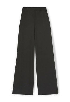 Pantalons larges en tissu noir uni, avec une texture lisse, deux poches avant et une taille ajustée. Conçu pour un ajustement décontracté.
