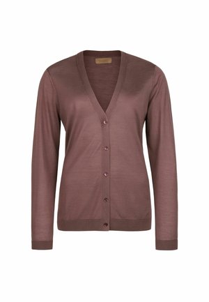 Brauner Langarm-V-Ausschnitt-Cardigan mit Knöpfen vorne, gerippten Bündchen und geradem Saum.