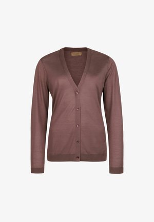 Brauner Langarm-V-Ausschnitt-Cardigan mit Knöpfen vorne, gerippten Bündchen und geradem Saum.