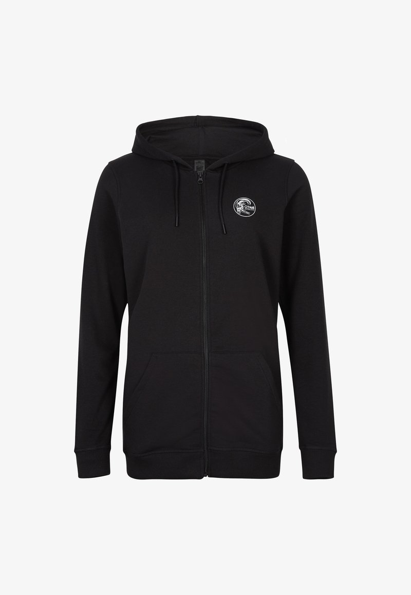 Black zip-up hoodie made from soft fabric. Features a drawstring hood, front pockets, and a round logo on the left chest.
