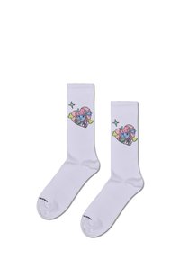 Białe bawełniane skarpetki z kolorowym, serduszkowym wzorem z postacią, ozdobione gwiazdkami i serduszkami w pastelowych kolorach.