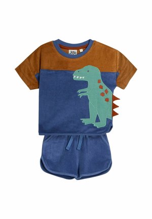 Short-sleeve pajama set featuring a brown and blue color block design. Includes a green dinosaur graphic and textured accents on shorts.