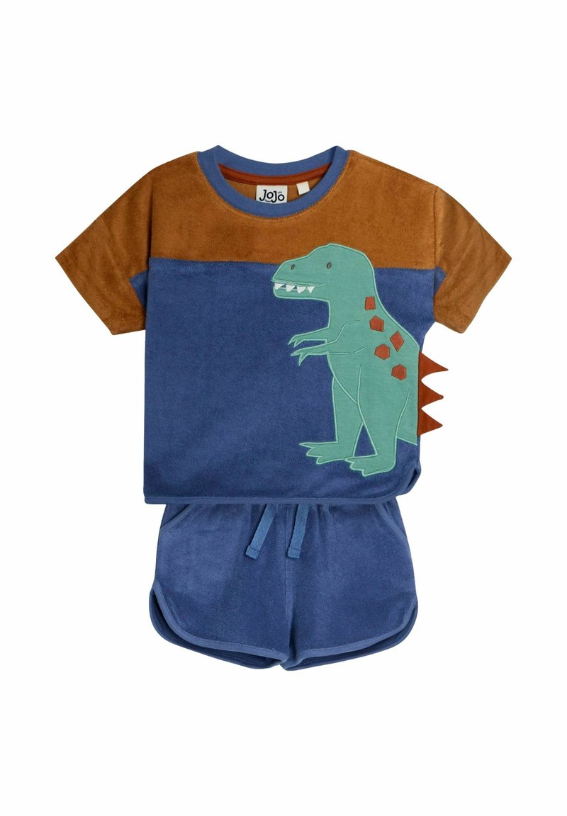 Īsām piedurkņu pidžamu komplekts ar brūnu un zilu krāsu bloku dizainu. Ietver zaļu dinozaura grafiku un teksturētus akcentus biksēs.