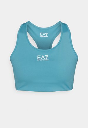Sportowy biustonosz w kolorze morskim o eleganckim kroju, z wycięciem typu racerback i logo "EA7 Emporio Armani" w białym kolorze na przodzie. Wykonany z gładkiego, elastycznego materiału.