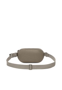 Borsa in mesh grigio con corpo ovalo liscio, tracolla regolabile e chiusura a zip piatta. Superficie testurizzata con un motivo perforato.
