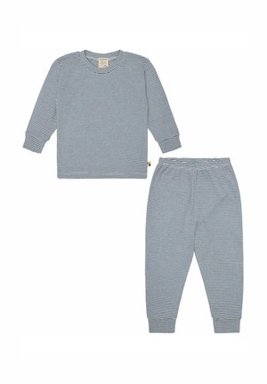 Blau-weiße gestreifte Langarmbluse mit passenden Hosen mit elastischem Bund. Weicher Stoff, taillierte Bündchen und detaillierte Nähte.