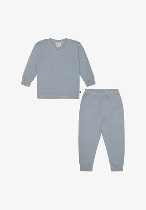 Camicia a maniche lunghe a righe blu e bianche con pantaloni abbinati a vita elastica. Tessuto morbido, polsini aderenti e cuciture dettagliate.