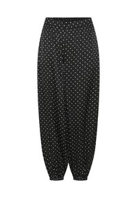 Pantalon noir ample et fuselé avec des pois blancs, taille élastique et ourlets élastiqués froncés aux chevilles.