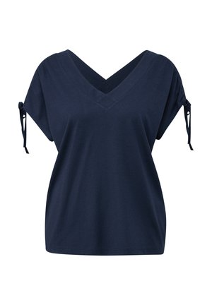 Granatowa bluzka z dekoltem w serek, wykonana z miękkiej bawełny, z luźnymi rękawami z wiązaniami na ramionach oraz luźnym krojem.