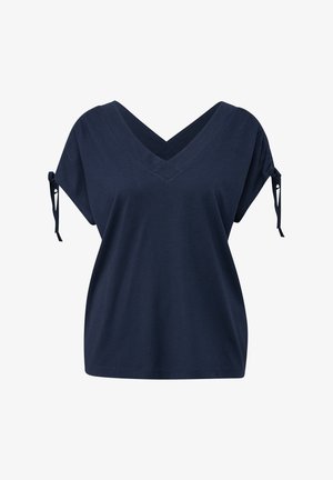Navyblaues V-Ausschnitt-Top aus weicher Baumwolle, mit lockeren Ärmeln und Bindebändern an den Schultern sowie einem entspannten Schnitt.