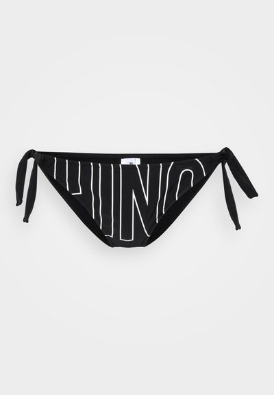 Black bikini bottom with white text pattern. Ties on each side, made of stretchy material. Features a classic triangular shape.