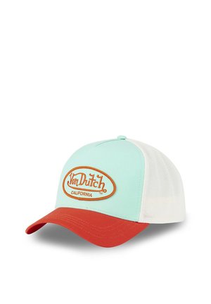 Trucker cap with light blue front, red curved brim, white mesh back, and orange Von Dutch California logo patch on front panel.