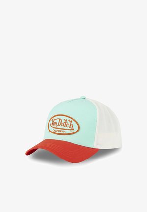Trucker cap with light blue front, red curved brim, white mesh back, and orange Von Dutch California logo patch on front panel.