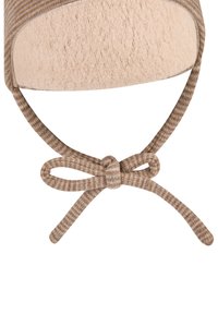 Brown striped fabric hat with a soft inner lining. Features a tied ribbon under the chin for secure fit and maintains shape with a rounded crown.