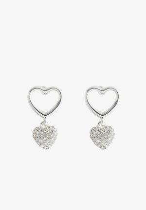Boucles d'oreilles en argent avec un design en forme de cœur à contour ouvert et un cœur pendentif orné de cristaux transparents.