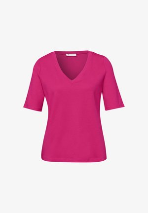 Magentan värinen, lyhythihainen V-kaula-aukkoinen naisten pusero, jossa on istuva siluetti ja sileä kangaspinta.