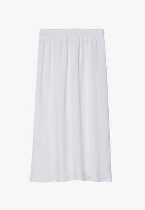 White, knee-length skirt with an elastic waistband. Made of lightweight fabric, featuring a smooth texture and no visible patterns or accents.