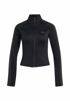 Veste noire ajustée zippée avec col montant, manches longues, logo discret Adidas sur la poitrine et bandes ton sur ton le long des manches.