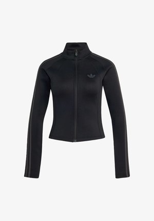 Veste noire ajustée zippée avec col montant, manches longues, logo discret Adidas sur la poitrine et bandes ton sur ton le long des manches.