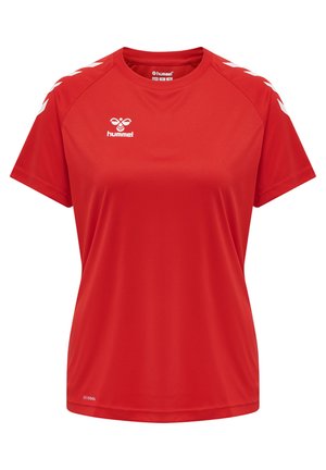 Rode sportieve T-shirt van synthetische stof, met korte mouwen, een ronde hals en witte chevronaccenten op de schouders.