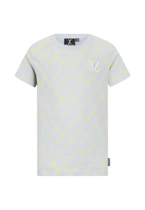 Jasnoszara koszulka z krótkim rękawem z żółtym geometrycznym wzorem i małym białym logo "X" na lewej piersi, okrągły dekolt.