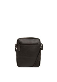 Borsa a tracolla nera in pelle con forma rettangolare, cinturino regolabile, tasca frontale con zip e texture liscia.