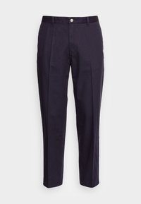 Marineblaue Baumwollhose mit geradem Schnitt, ausgestattet mit Vorderfalten und einem Metallknopfverschluss. Glatte Textur und klares Design.