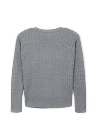Maglione grigio a maglia grossa con maniche lunghe e polsini e orlo a coste, mostrato da dietro su uno sfondo bianco.