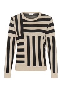Pull en tricot beige avec de larges rayures et motifs géométriques noirs. Encolure ronde et manches longues avec un ourlet ajusté.