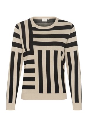 Beige gebreide trui met gedurfde zwarte geometrische strepen en patronen. Ronde halslijn en lange mouwen met een aangesloten zoom.