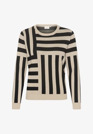 Suéter de punto beige con atrevidas rayas y patrones geométricos en negro. Cuello redondo y mangas largas con un dobladillo ajustado.