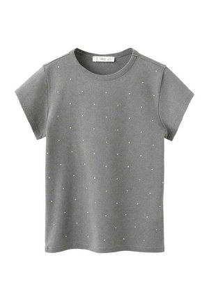 Sivé tričko s krátkymi rukávmi a okrúhlym výstrihom, s rozptýlenými bielymi bodkami na prednej strane. Jemný materiál zo zmesi bavlny.