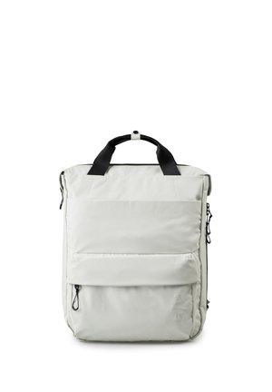 Light gray rectangular backpack with black handles, front zippered pocket, and subtle embossed logo on the lower right corner.