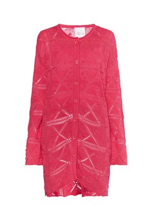 Rózsaszín, kötött kardigán geometrikus nyitott mintával, hosszú ujjakkal és elülső gombos záródással. Puha tapintású és könnyű kialakítású.