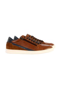 Sneaker in pelle marrone con accenti in suede, striscia blu, chiusura a lacci frontale e zip laterale. Suola in gomma e dettagli di cucitura a contrasto.