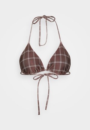 Brown checkered bikini top with triangular cups, adjustable ties at neck and back, featuring a textured fabric and white grid pattern.