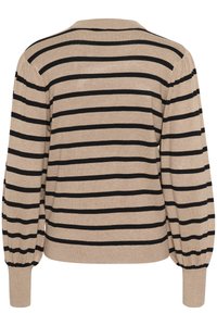 Beige värvi triibuline kampsun mustade horisontaalsete triipudega, ümmarguse kaelusega, puffvarrukatega ja soonikpäkkadega. Pehme tekstuur.