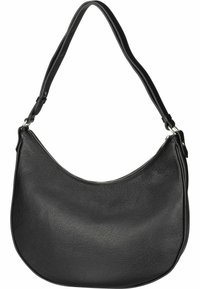 Sac à épaule en cuir noir avec une texture lisse, une forme courbée, une fermeture éclair et une seule sangle ajustable.