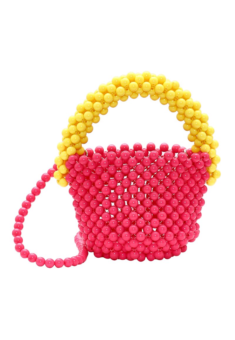 Borsa a mano a perline rosa e gialla con manico rotondo; texture di perline; forma a secchiello; include una tracolla staccabile.