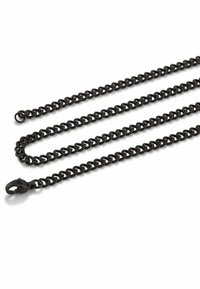 Catena in metallo nero con anelli intrecciati e una finitura liscia e lucida, dotata di un clip a un'estremità per il fissaggio. Adatta a diversi utilizzi.