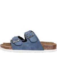 Blaue Wildleder-Sandaletten mit zwei verstellbaren Riemen, silbernen Schnallen und einer Korkfußbett auf einer weißen, strukturierten Gummisohle.