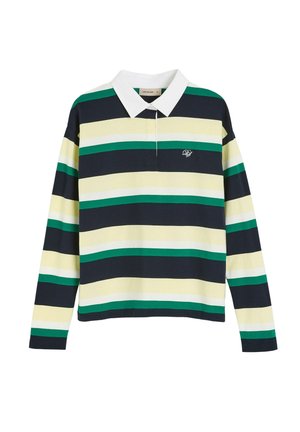 Koszulka rugby z długim rękawem w szerokie poziome paski w kolorach granatowym, zielonym, kremowym i żółtym, z białym kołnierzykiem i małym haftowanym logo na piersi.
