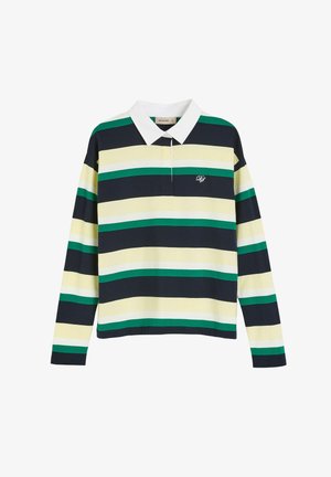Koszulka rugby z długim rękawem w szerokie poziome paski w kolorach granatowym, zielonym, kremowym i żółtym, z białym kołnierzykiem i małym haftowanym logo na piersi.