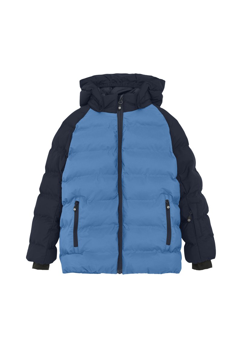 Gepolsterte Jacke mit blauer Vorderseite und schwarzen Ärmeln, ausgestattet mit einer Kapuze, Reißverschluss und zwei seitlichen Reißverschlusstaschen.